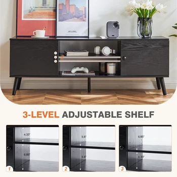JHK Wooden Stand For Up To 60 Inch TV Entertainment Center For Living Room/Bedroom Media Console With Adjustable Shelf 2 Storage 3
