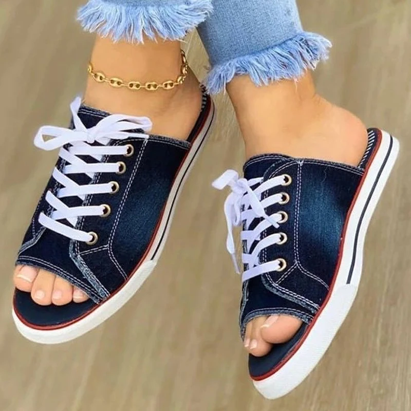 Women Sandals Women Flats Comfortable Sandals Fashion Women Canvas Sandals Breathable Summer Slippers Lace Up Open Toe Ladies Faux Denim Flat Shoes Zapatos Mujer