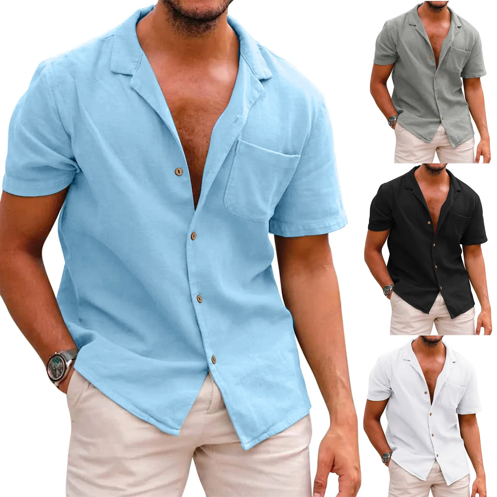 

Male Soild Colour Blouse Plus Size Button Down Holiday Beach Shirts Loose Tops Short Sleeve Tee Shirt Handsome Men Shirt