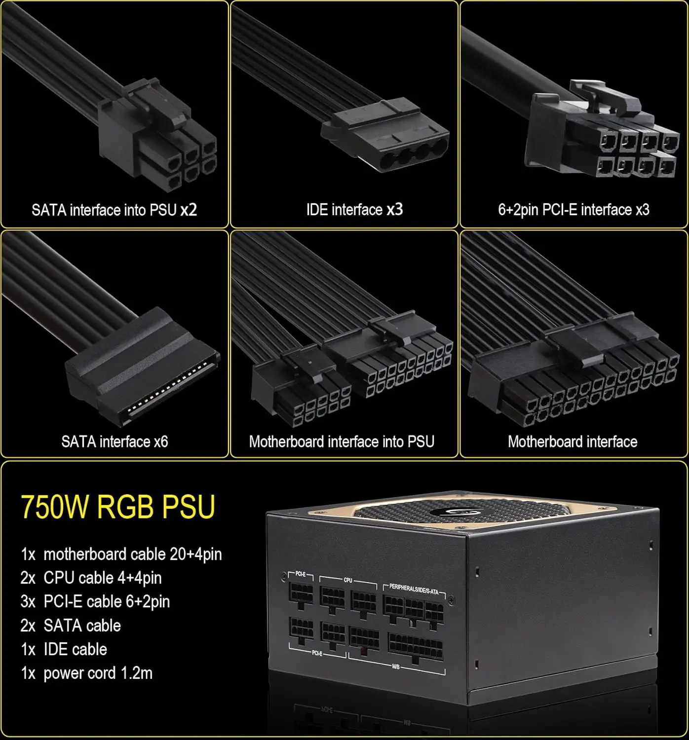 ATX 파워 서플라이 750W 완전 모듈식 PSU ARGB 컴퓨터 파워 서플라이 120mm FDB 팬 20+4핀 메인 전원 풀 전압 110/220V