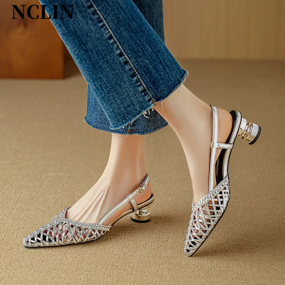 Brand Designer Sexy Slingbacks High Heels Pumps Women Gold Silver Pointed Toe Party Shoes Summer Round Heeled Sandals High Heels