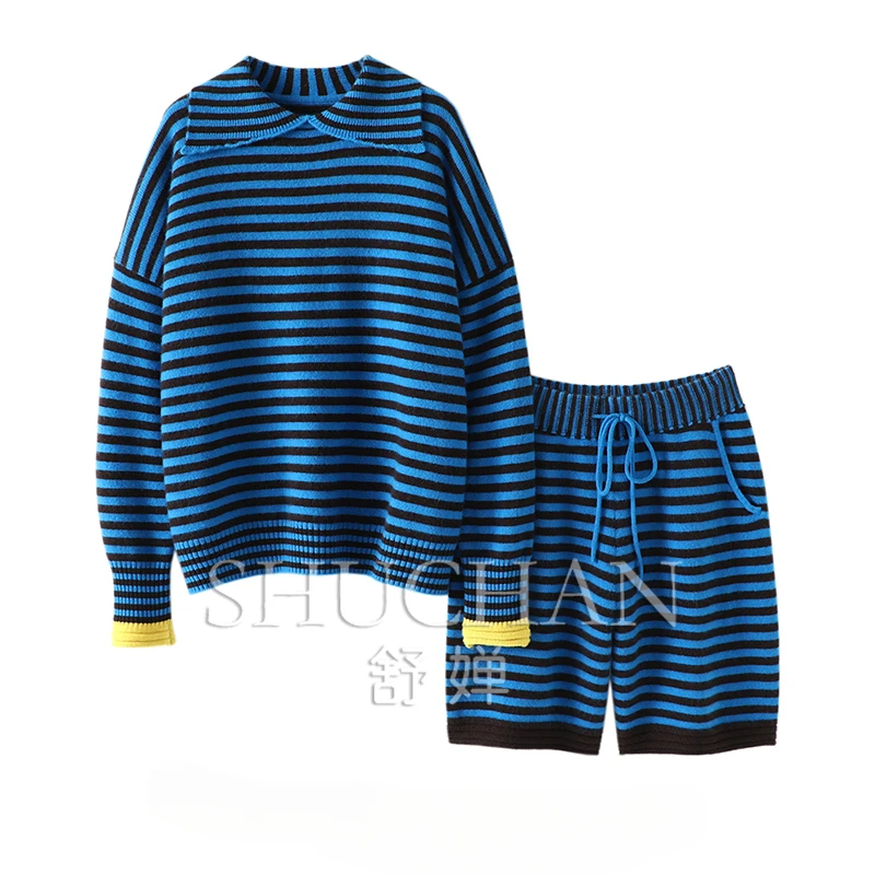 Thick 100% Cashmere Sweater Women New Striped Loose Pullover+pants Two Piece Sets Womens Outifits  Knitted Fabric  High Street