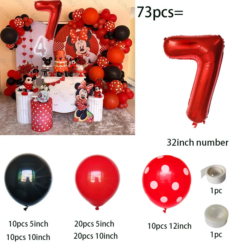 thumbnail image 1 of Juego de 73 globos para fiesta temática de Minnie y Mickey Mouse, globos de látex rojos y negros, suministros de decoración para baby shower y cumpleaños de niños, 1 of 5