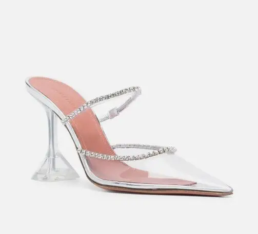 

Fashion designer Amina Muaddi Gilda glass pvc heel mules transparent crystal pointed toe slip-on high heels Diamond Clear shoes