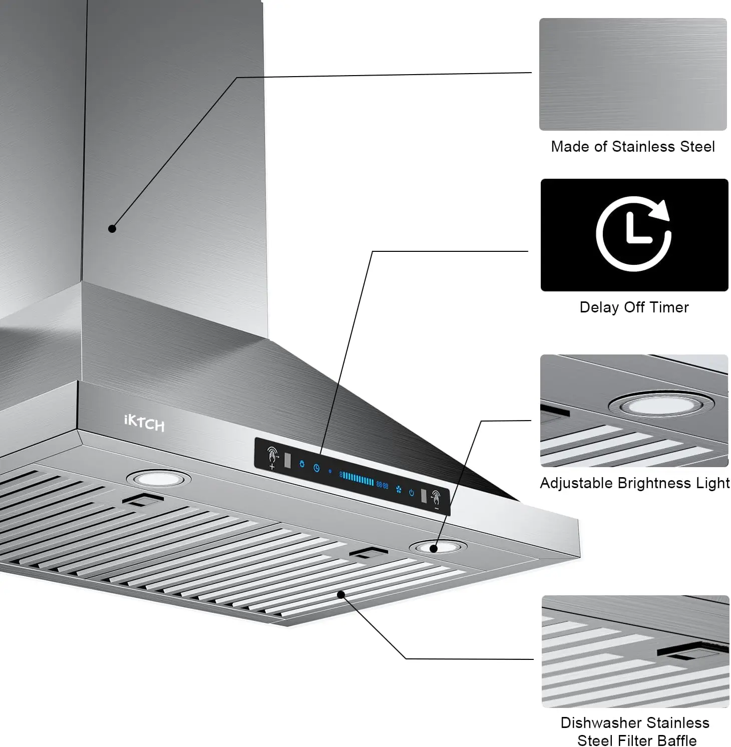 Range Hood 900 CFM Ducted/Ductless Convertible, Kitchen Chimney Vent Stainless Steel with Gesture Sensing & Touch Control Switch 5