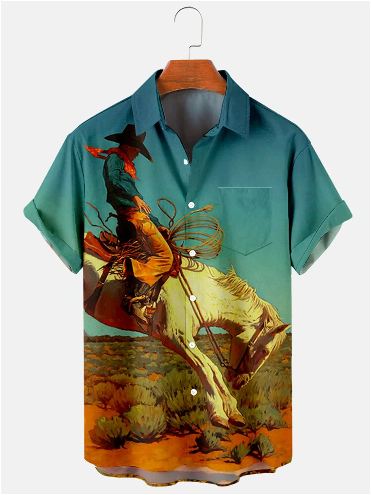 Camisa retro de vaquero occidental con estampado 3D para hombre, manga corta, solapa, botones clásicos, moda urbana, ropa de verano, extra grande