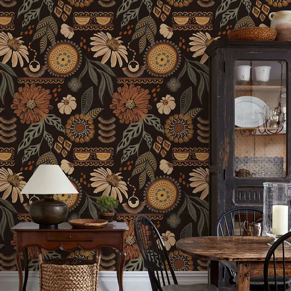 Retro Boho Flor Casca e Vara Papel de Parede Amarelo e Preto Pvc Home Decor Renovação de Móveis tv Fundo Adesivo