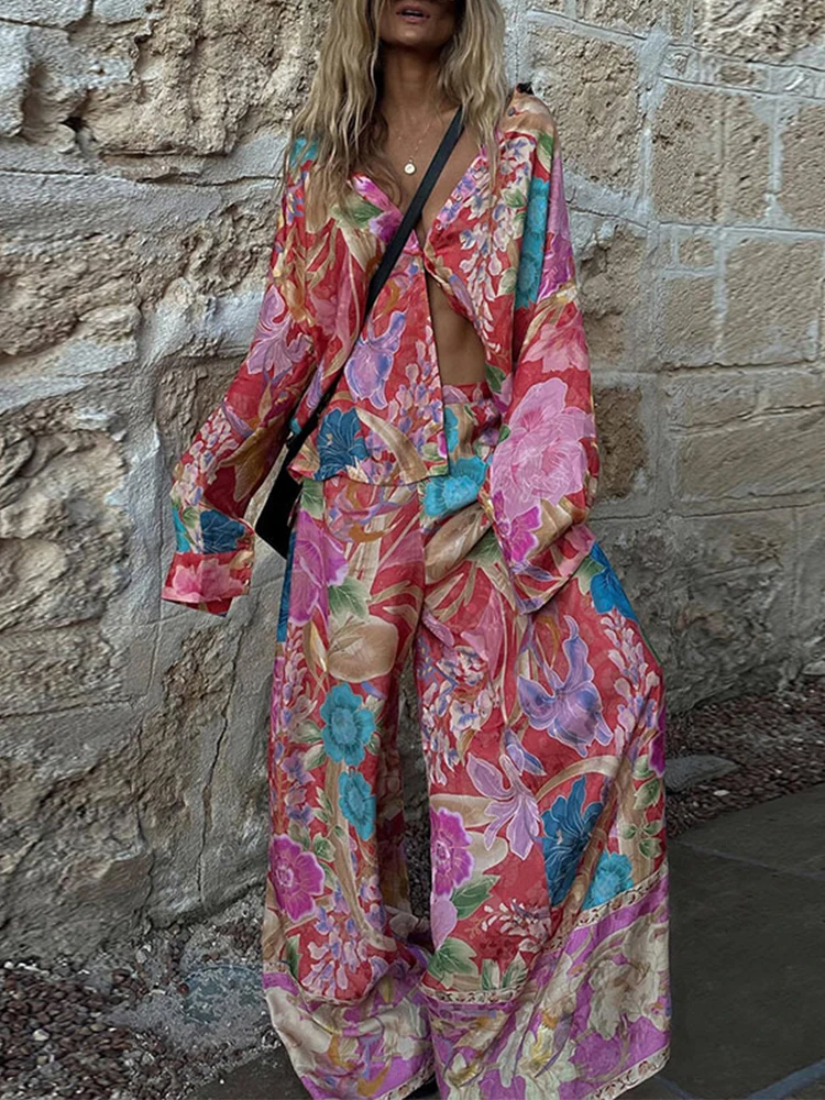 Floral Print Chiffon Women's Two Pieces Set Loose Single Breasted Long Sleeve Shirts Wide Leg Pants 2025 Vacation Lady Outfits 4