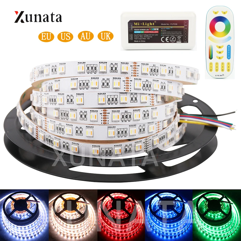 

5m 5IN1 RGB+CCT LED Strip Light 5050 60leds 12V 24V RGBW RGBWW Waterproof Flexible Led Tape with Mi Light RF Control EU/US/AU/UK