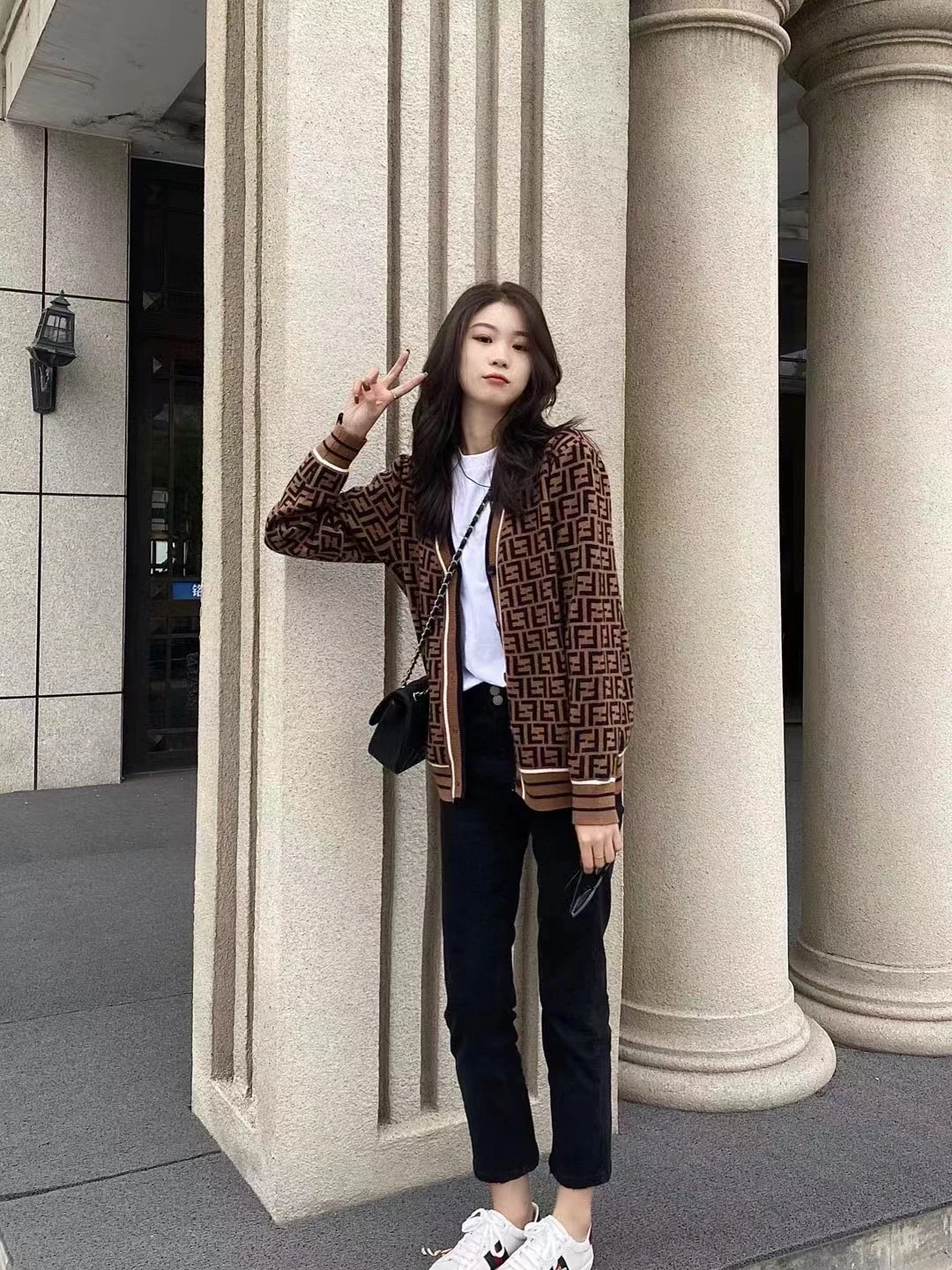 여성용 니트 캐주얼 스웨터, 자카드 레터 니트 카디건, 단추 V넥 상의, 가을 패션, 2024 신상