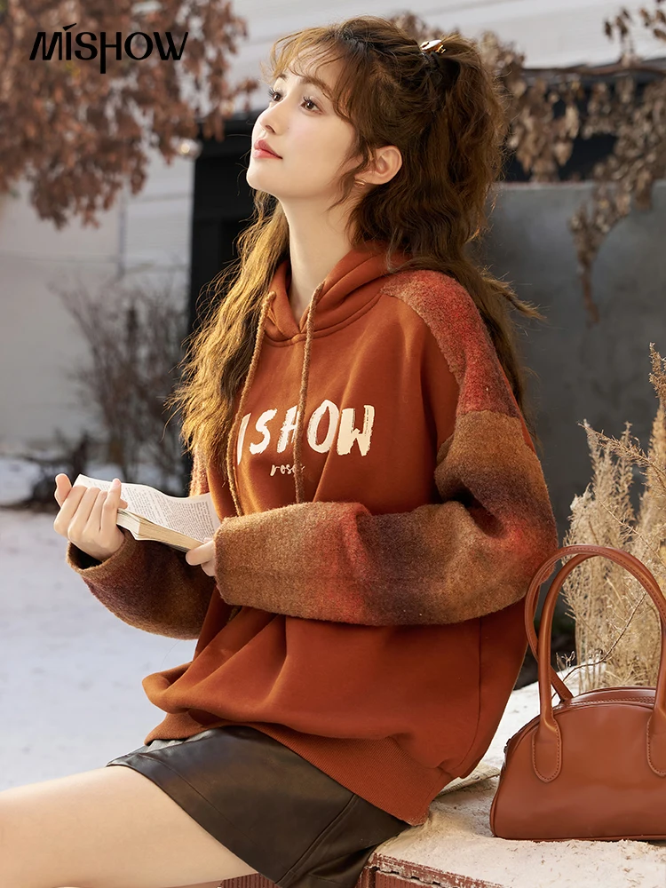 MISHOW 여성용 레터 프린트 후드, 양털 후드, 맨투맨 패치워크, 니트, 긴팔 풀오버 상의, 가을, 겨울, MXC59V0068