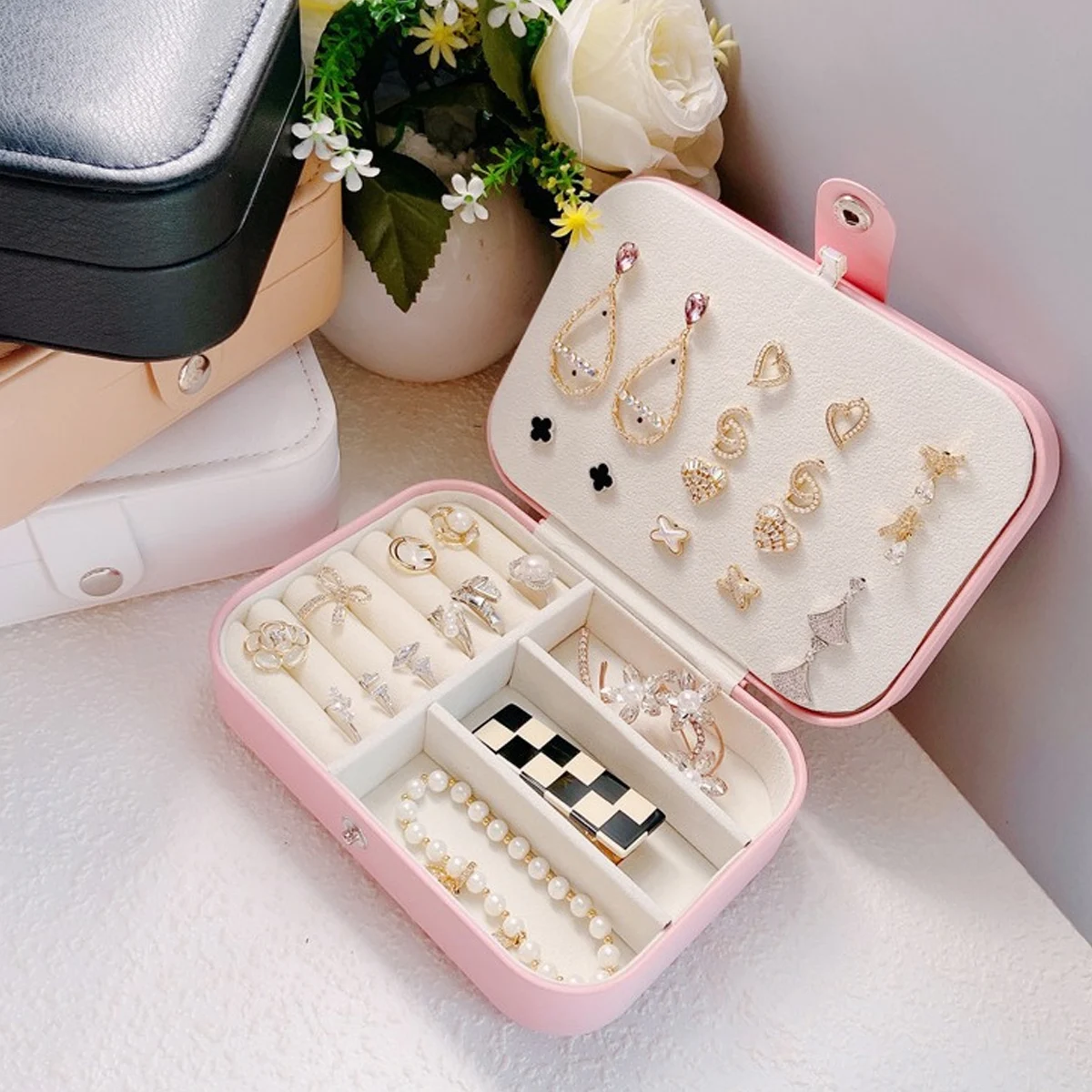 1PC Storage Box PU Jewelry  Anti-oxidation Necklace Ear Ring Ear Stud Pendant Jewelry Box Large Capacity Portable Jewelry Box 2