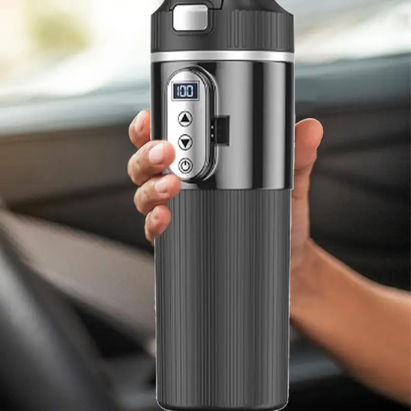 450ML 가열식 커피 머그컵 12/24V 스테인리스 스틸 차량용 가열컵 전기 주전자 물 보온병 LCD 디스플레이 열 보존 기능