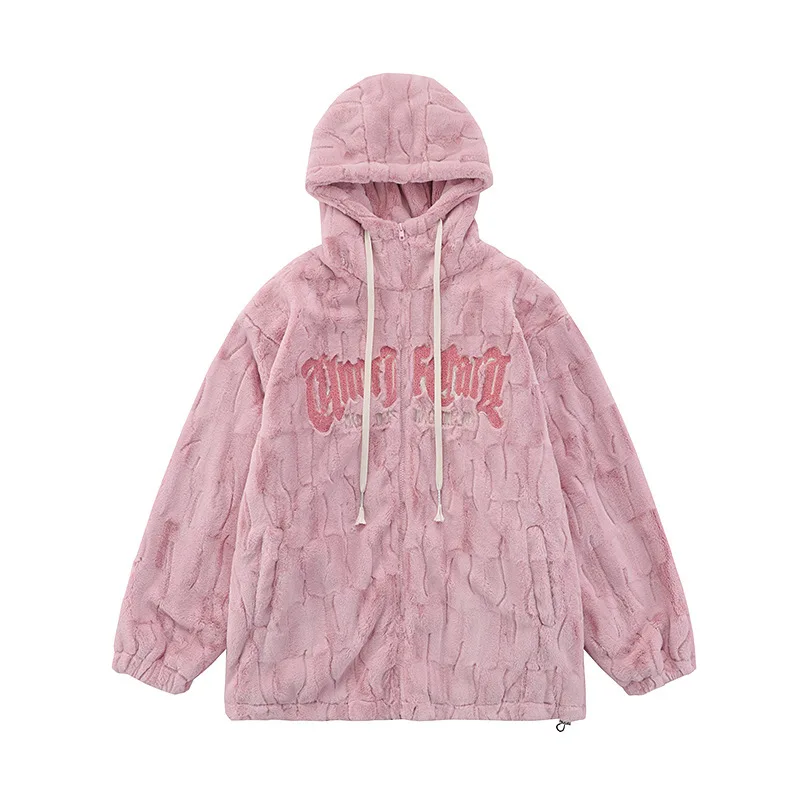 

Winter New Loose Hooded Y2k Embroidered Warm Lambswool Cotton Jacket Letter Printed Sports Leisure Pink Coat Women