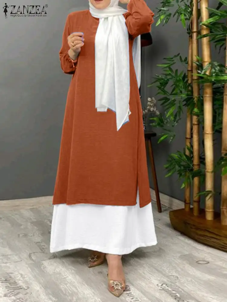  - ZANZEA Fashion Women Muslim Dress Casual O Neck Long Sleeve Ramadan Dubai Turkey Abaya Sundress Islamic Clothing Holiday Vestido