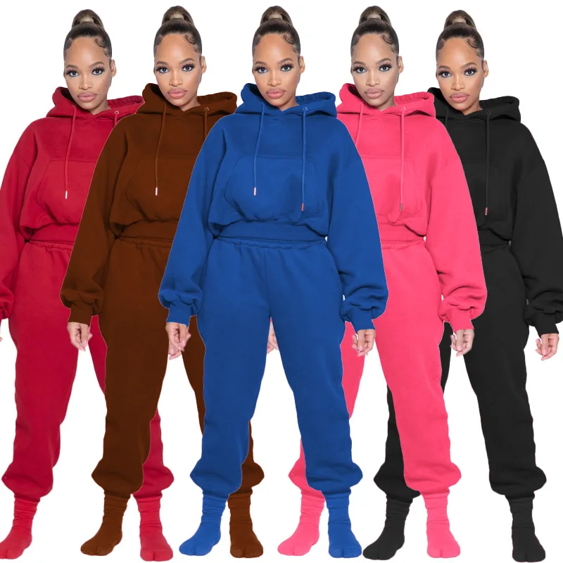 

Winter Two Piece Set Tracksuit Women Sweatshirt Solid Color Warm Hoodies+Pants Sportwear Sports Suit Hooded Set Hoodies Suit