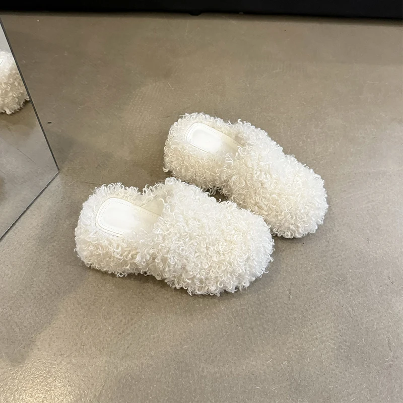 ZOOKERLIN Round Toe Thick High Heels Platform Women's Slippers Solid Color Wool Slip On Winter Soft Comfortable Woman Shoes Fur