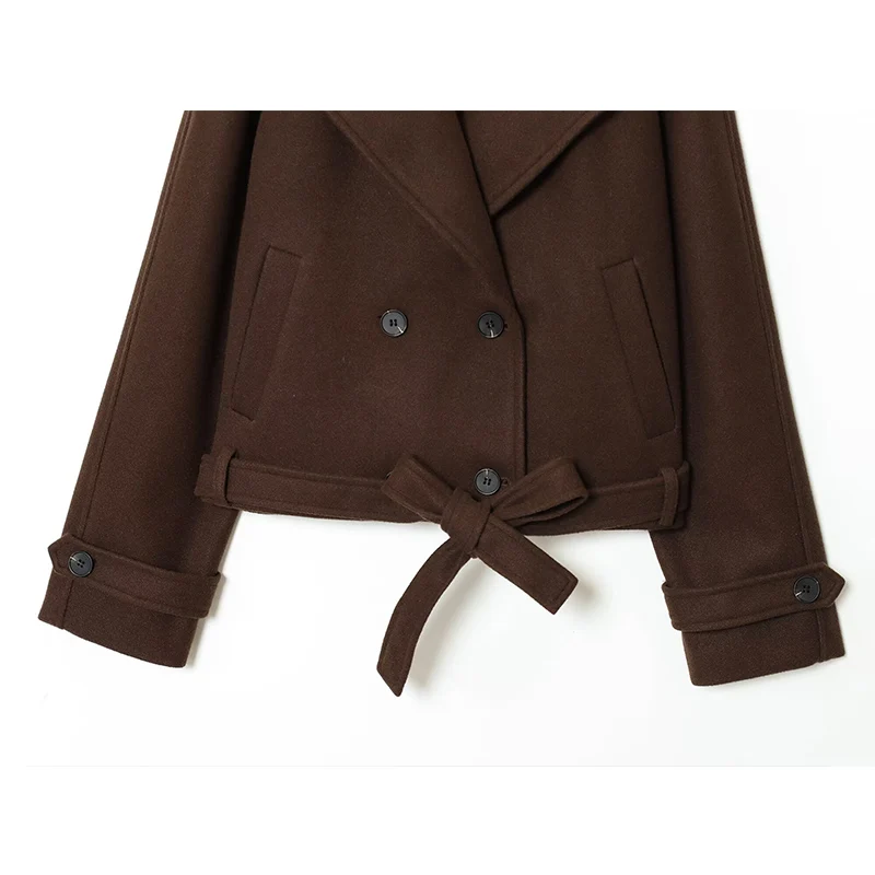 Solid Short Coats Jackets For Women Lace Up Double Breasted Long Sleeves Jacket 2025 Autumn Winter Fashion Streetwears Outerwear