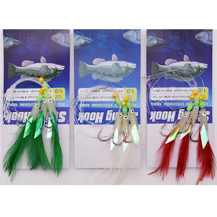 JYJ 3 hook/Set Luminous fish head Fishing Lure Single Hook Tack Bait Jigs  Worm Fishing sabiki string Hooks