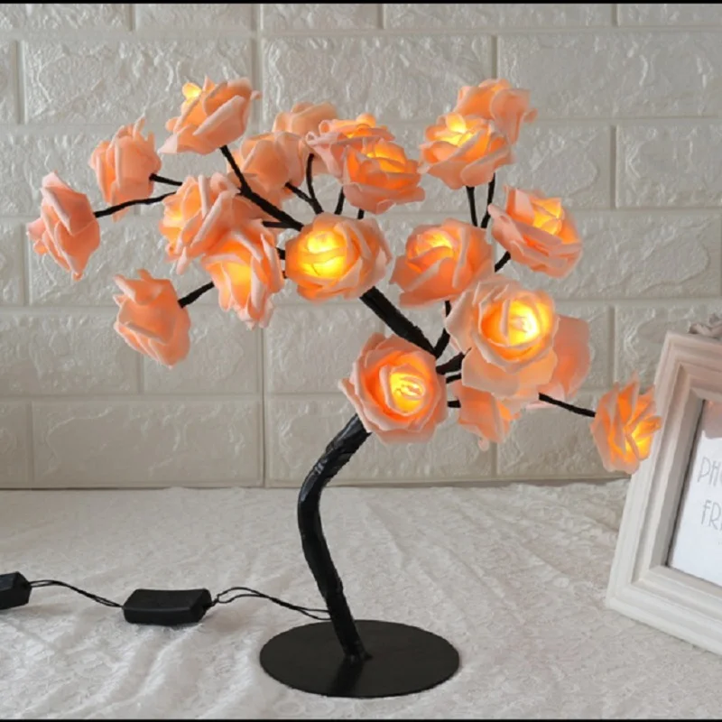 

Rose Flower Table Lamp 24LED Bedside Bedroom Night Light Home Decor Simulation Tree White Pink Rose Lamp Wedding Party