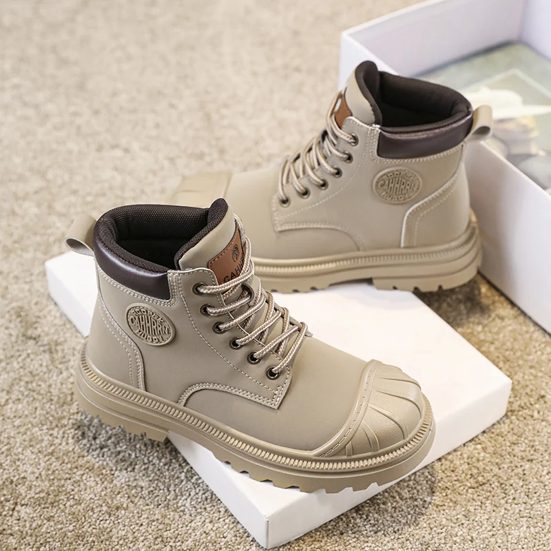 Girls Boys Ankle Leather Boots with Zipper Lace Up Outdoor Hiking Waterproof Anti-Slip Durable Combat Bootie for Kids 3