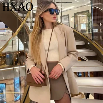 HXAO 2025 Blazer Woman Autumn Female Oversize Fitted Jacket Brown Khaki Beige Black Outerwears Chic Elegant Long Sleeve Blazers 1