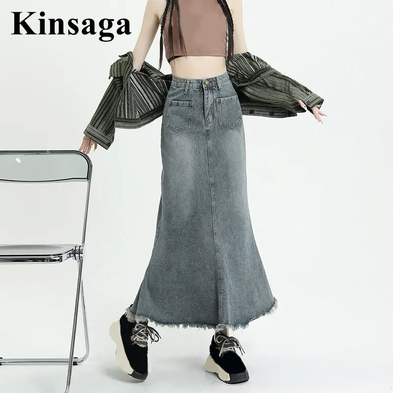 Street Women Ripped Fringe Tassel Hem Ankle Length Mermaid Jean Skirt 4XL Summer Y2K Girl Retro Mid-Calf Long Jupe Denim Skirt street style jumpsuit women korean loose solid belt casual pocket high waist safair wide leg cotton ankle length pants