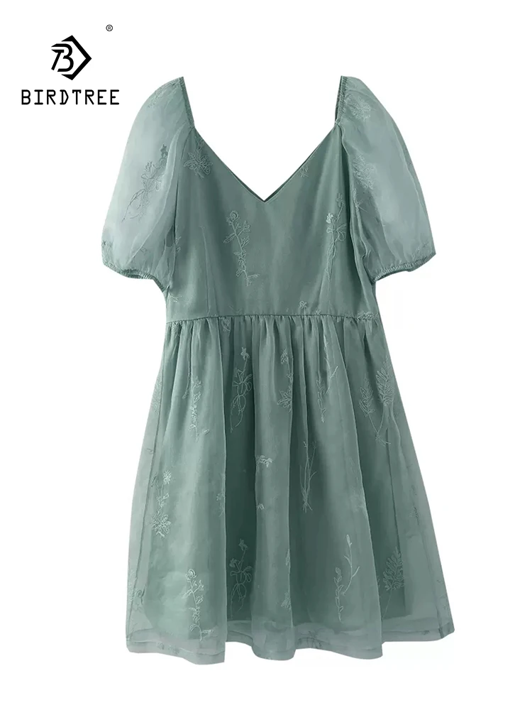 

BirdTree, 100% Real Silk Organza Dresses, Women Puff Sleeve Embroidery, Literature French Temperament Dress,2024 Summer D44877QC