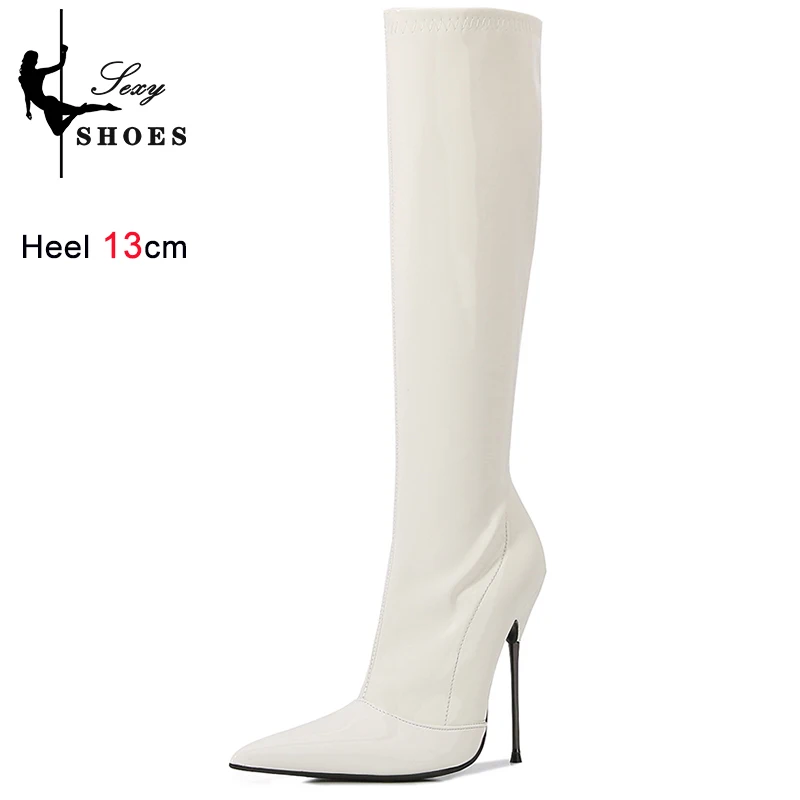 Knee-High Pointy Toe Women Boots 13cm Ultra Thin Steel High Heels Metal Heel Patent Leather Wide Calf Boots for Women Plus Size