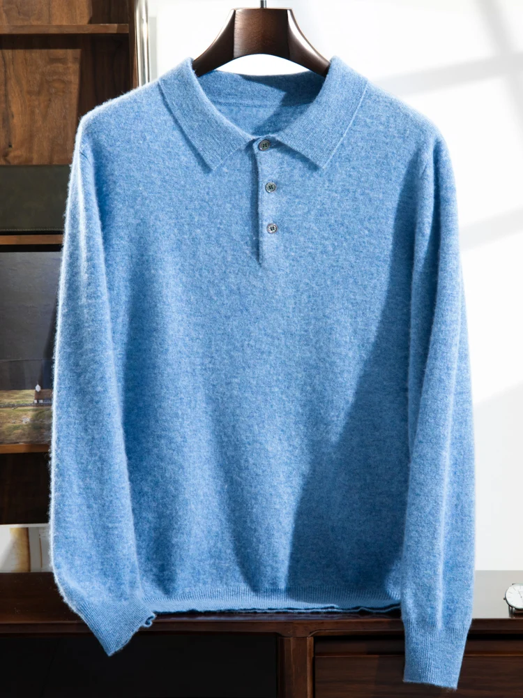 Lapel 100% Pure Cashmere Sweater Men's POLO Collar Knit Pullover Business Casual High-End Base Shirt Autumn New Loose Thick Tops 2