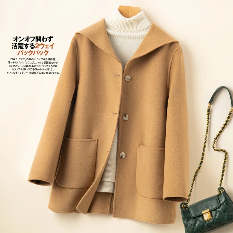 Early Spring 2023 British Style Double-Sided Cashmere Coat Women's Short Navy Collar Coat 100% Merino Wool Loose Top