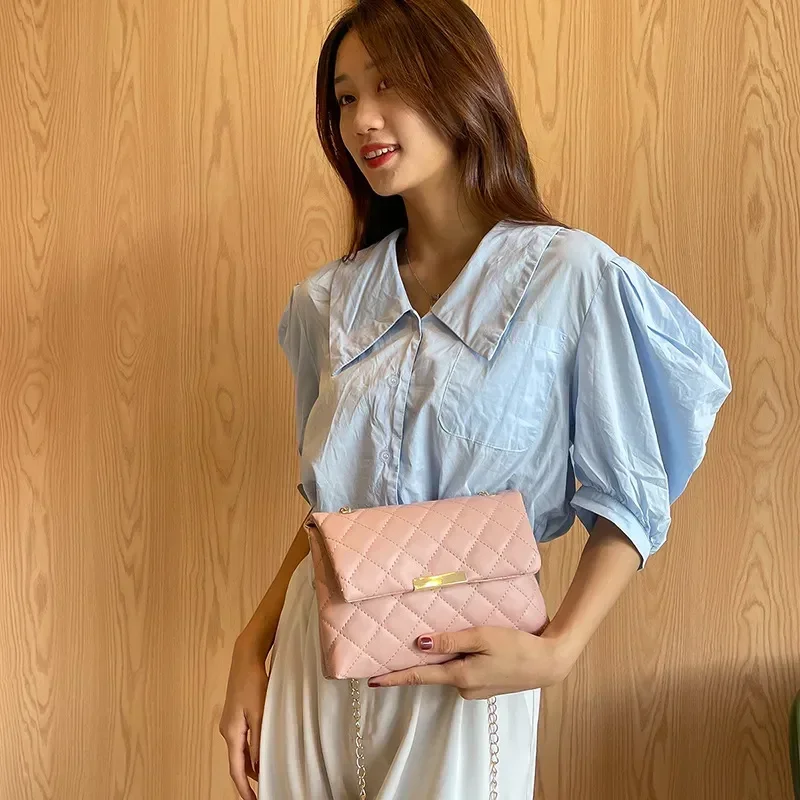 

New Lattice Women Shoulder Bag Female Embroidered Small Square Bag PU Leather Crossbody Bags Handbag and Purses Phone Bags