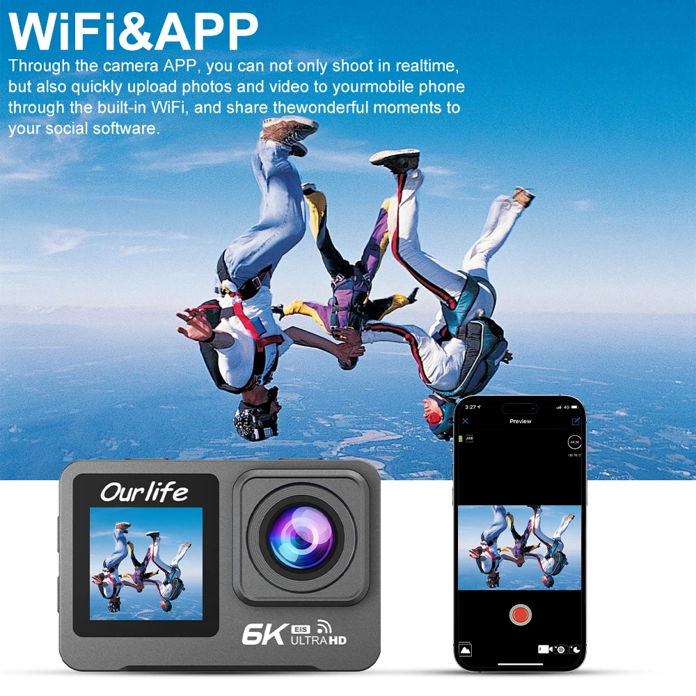6K 4K60FPS Action Camera 50MP 2.0 Touch LCD Dual Screen EIS WiFi 170° DVR 30M Waterproof 5X Zoom Sport Camera With Remote 6