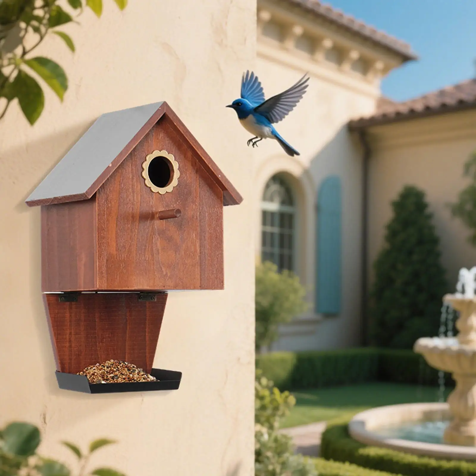 Wooden Bird House with Feeder Creative Ornament Sturdy Weatherproof Hanging for Country Farmhouse Outdoor Backyard Finches