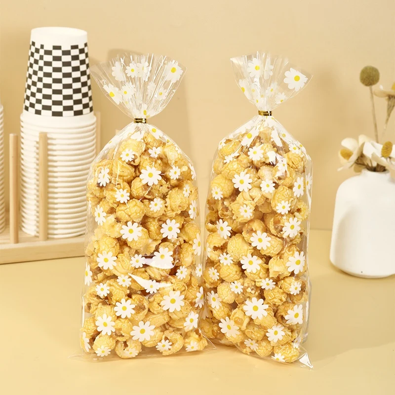 50 Stück Gänseblümchen-Blumen-Süßigkeitsbeutel, transparent, für Kekse, Kekse, Backen, Verpackungsbeutel, Hochzeit, Geburtstag, Party, Geschenke, Verpackungszubehör
