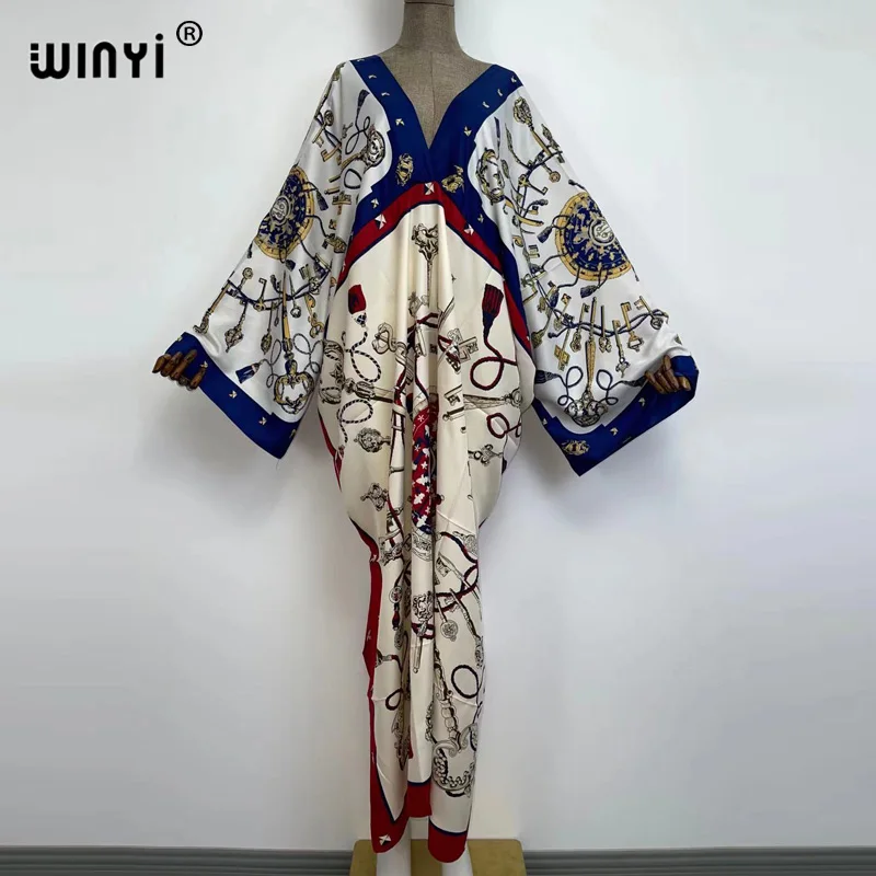 

Deep V sexy beach kaftan new feel silk rayon fashion print 2021 WINYI Maxi women's robes long sukienka V-neck Bohemian dress