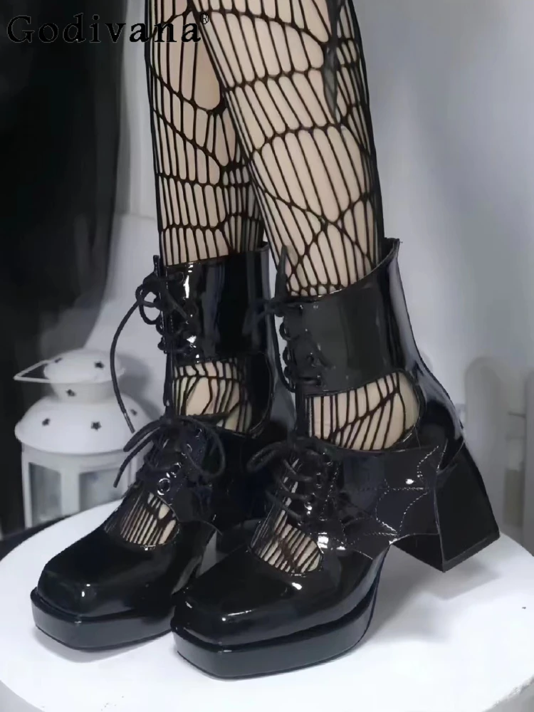 

Fashion Gothic Style Women's Solid Color Square Toe High Heels Spring Autumn Y2K Punk Hot Girl Lolita Cross Lace-up High Heels