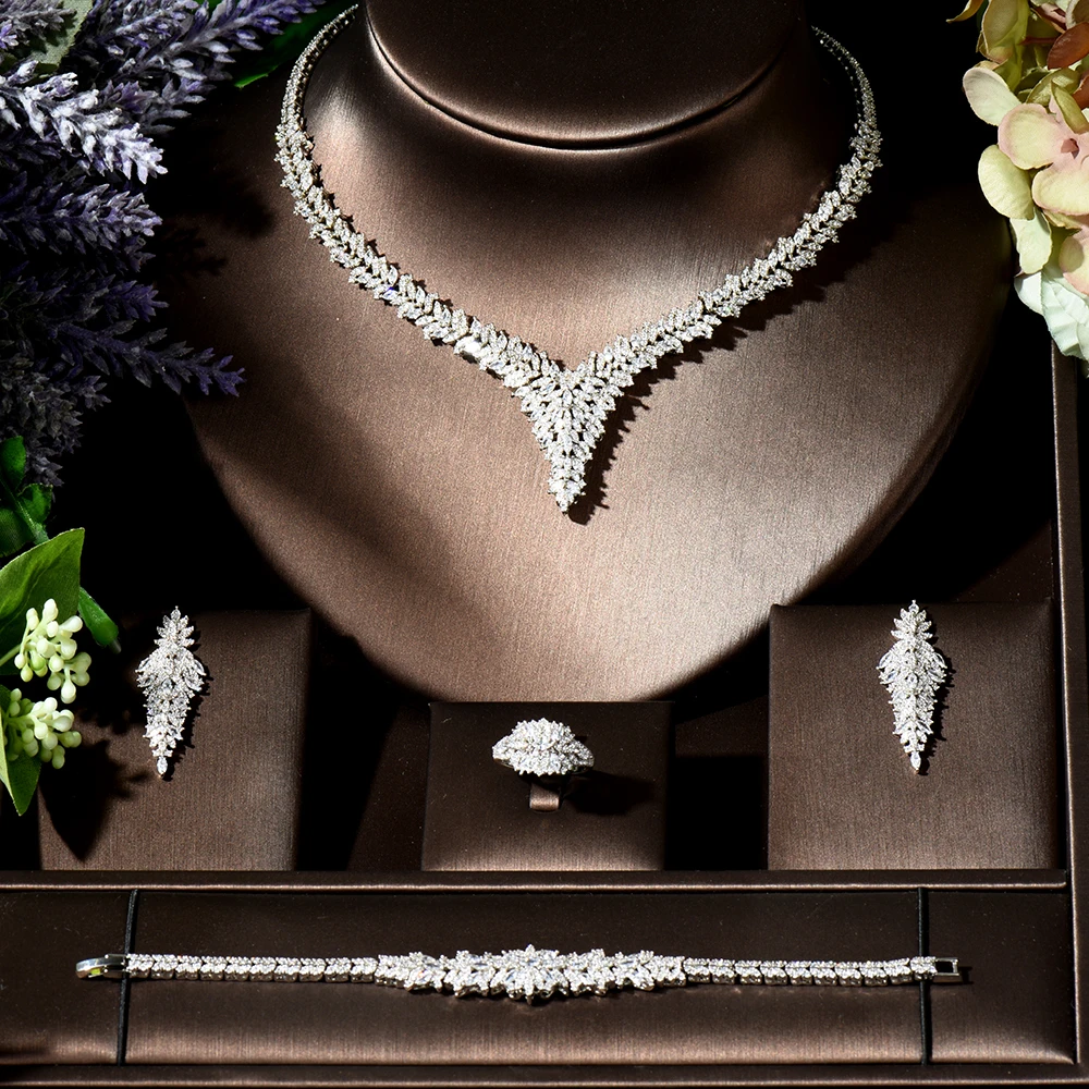 

Fashion Trendy 4PCS Jewelry Set For Women Wedding Party Cubic Zircon Necklace Earring Crystal Dubai Bridal Jewelry bijoux N-48