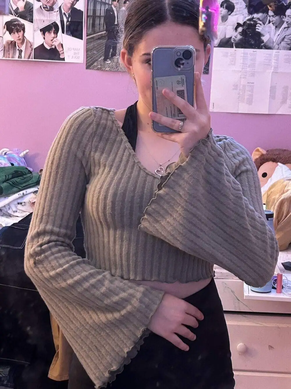 Women Contrast Collar Bell Sleeve Crop Tee Halter Collar Western Ribbed Knit Slim Long Sleeve Shirts Tops Elastic Basic489_voghion.com