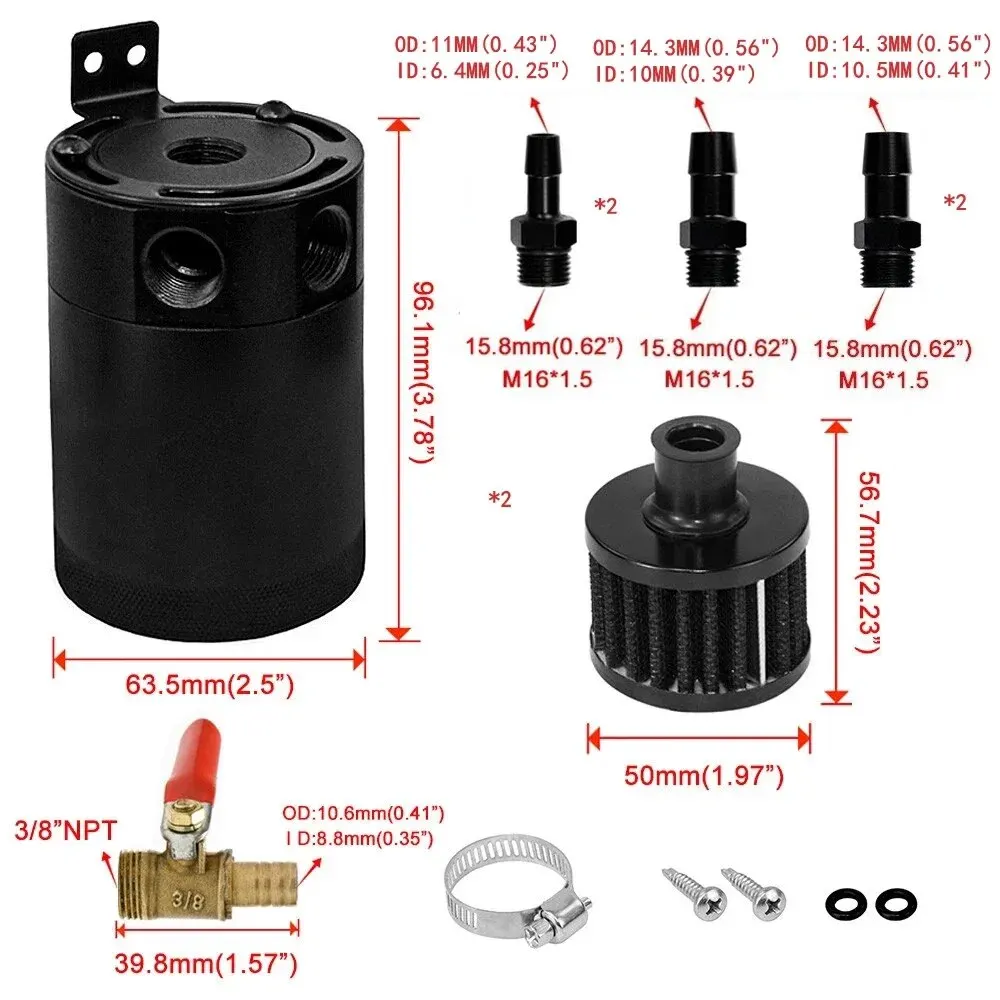 Universal Racing Baffled Aluminum Oil Catch Can Tank 2-Port Reservoir with Drain Valve Breather Cylinder Filter Kit