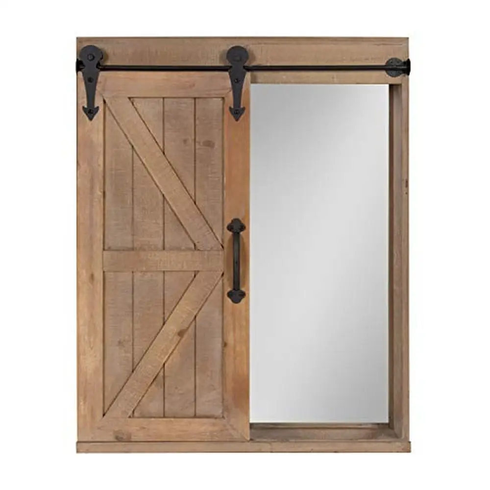 

Rustic Wood Wall Storage Cabinet with Sliding BarnDoor Mirror Farmhouse Decor Shelf Bathroom Bedroom Home Vintage Chic Rectangle