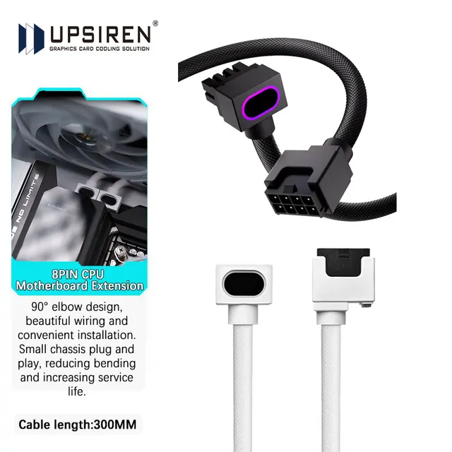 สายต่อเมนบอร์ด UPSIREN CPU 8 พิน, 18AWG 90 °   สายเชื่อมต่อแบบมุมฉาก, ARGB 5V 3Pin ตัวผู้-ตัวเมีย 1