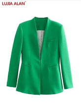 

Fashion Women Concealed Buckle Grass Green Suit Coat Female Long Sleeve Outerwear Office Lady Slim Tops LUJIA ALAN C1325