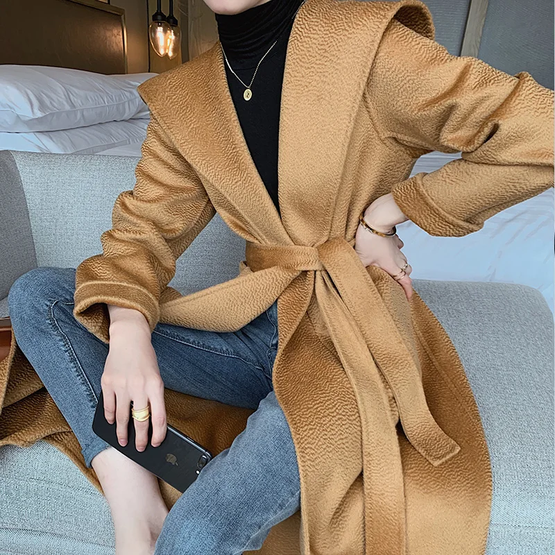 High-end Handmade Long Water Ripple Wool Coat Women Luxury Wool Double-sided Turrn-down Collar Loose Belt Jacket Autumn Winter