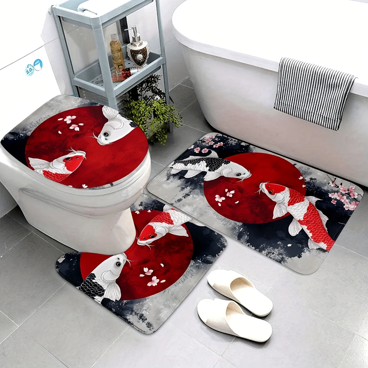 Oriental Black and Red Koi Bathroom Set - Anti Pulley Profile Mat, Toilet Lid, and Bath Mat for Elegant Home Decor 4