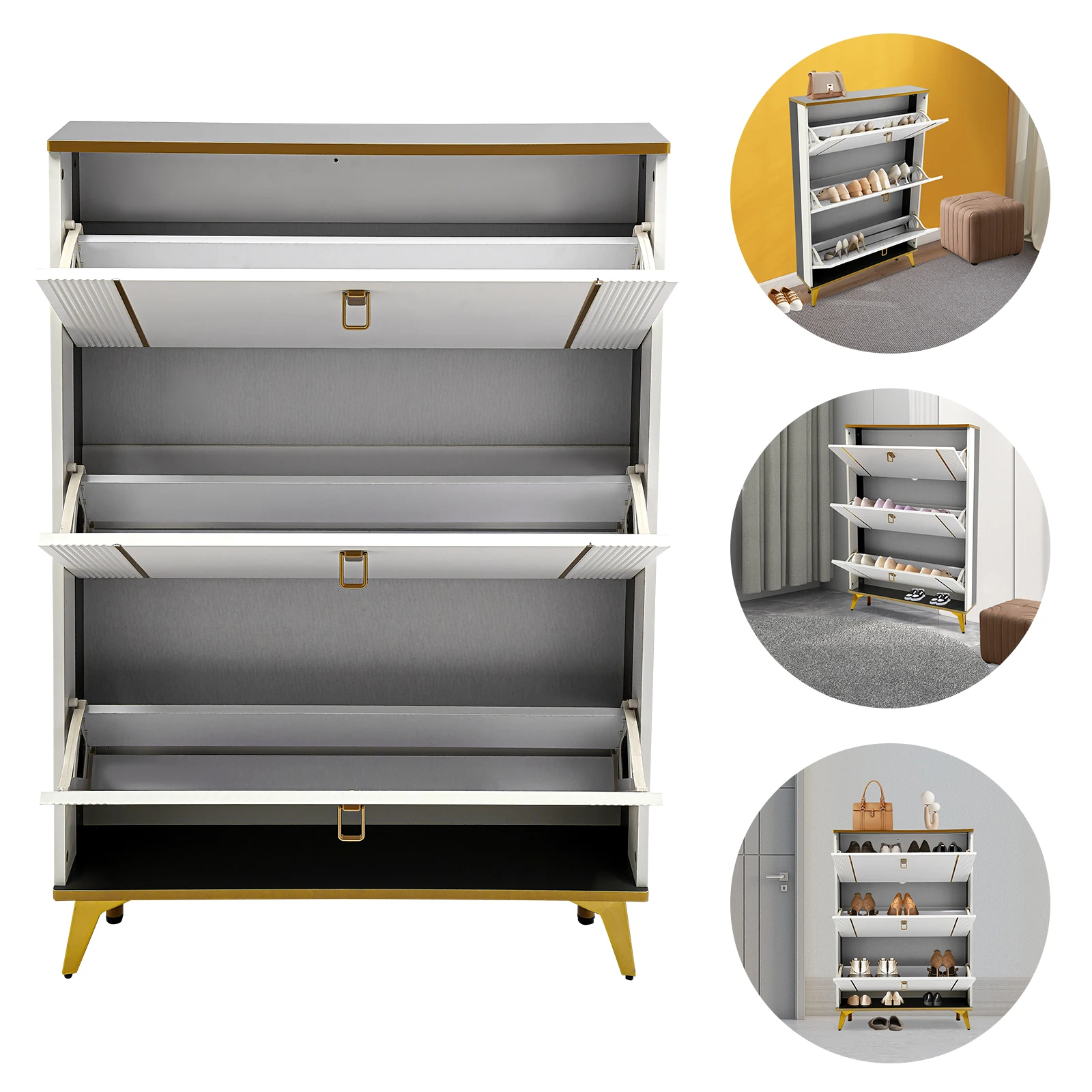 White Rectangle MDF Shoe Organizer Rack,3 Tiers Shoe Storage Cabinet ...