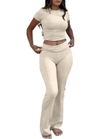 Casual Workout Two Piece Outfits for Women Short Sleeve Crop High Waist Foldover Flare Pants Tracksuit Sets Streetwear - Image 6