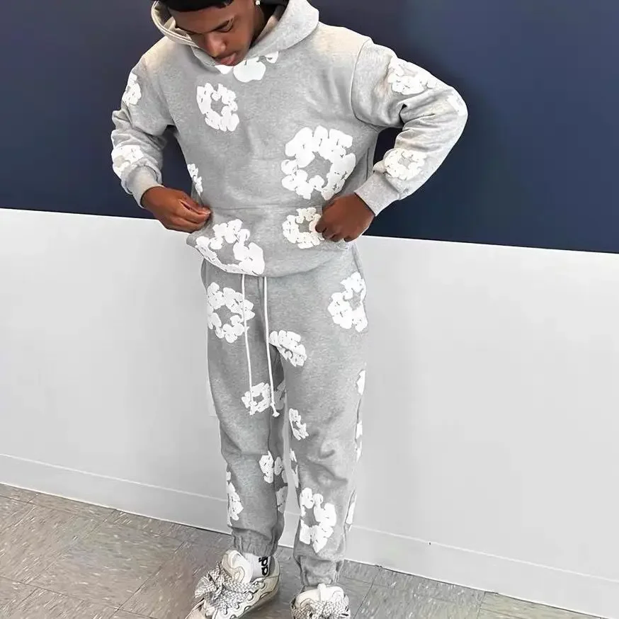 New Fashion Men's Women's Same Foam Printing High Street Loose Hooded Sweater with Casual Sweatpants Set 4