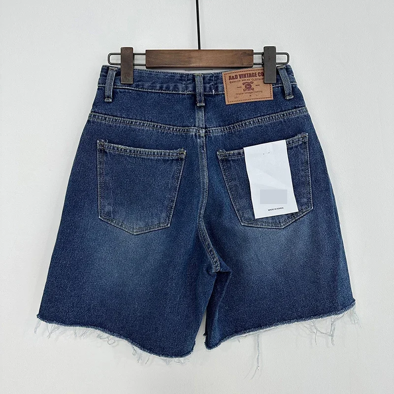 New 2024 Summer High Waist Denim Shorts For Women Pockets Burrs Blue Color Short Jeans Women Streetwear Casual Women's Shorts