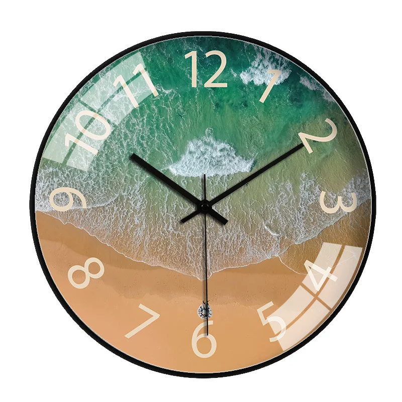Large Round Wall Clock Gold Silent Sea Art E  